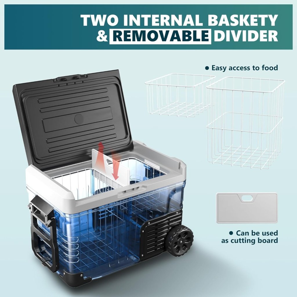 EUHOMY 12 Volt Refrigerator, 53QT(50L) Electric Cooler, Portable Freezer 12V/24V DC 110 - 240V AC, 12V Fridge - 4℉~68℉, 12V Cooler with Wheels & 2 Baskets for Travel, Truck, Boat, Camping - Wigtrends