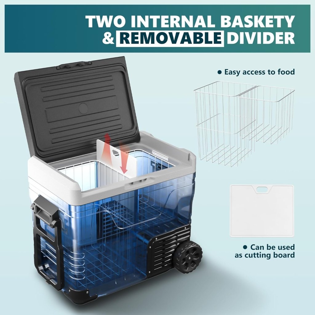 EUHOMY 12 Volt Refrigerator, 53QT(50L) Electric Cooler, Portable Freezer 12V/24V DC 110 - 240V AC, 12V Fridge - 4℉~68℉, 12V Cooler with Wheels & 2 Baskets for Travel, Truck, Boat, Camping - Wigtrends