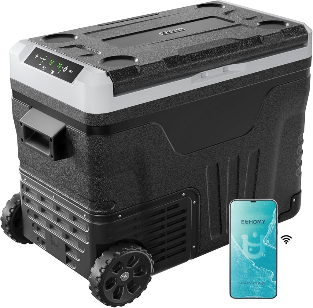 EUHOMY 12 Volt Refrigerator, 53QT(50L) Electric Cooler, Portable Freezer 12V/24V DC 110 - 240V AC, 12V Fridge - 4℉~68℉, 12V Cooler with Wheels & 2 Baskets for Travel, Truck, Boat, Camping - Wigtrends