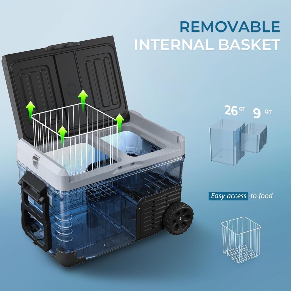 EUHOMY 12 Volt Refrigerator, 53QT(50L) Electric Cooler, Portable Freezer 12V/24V DC 110 - 240V AC, 12V Fridge - 4℉~68℉, 12V Cooler with Wheels & 2 Baskets for Travel, Truck, Boat, Camping - Wigtrends