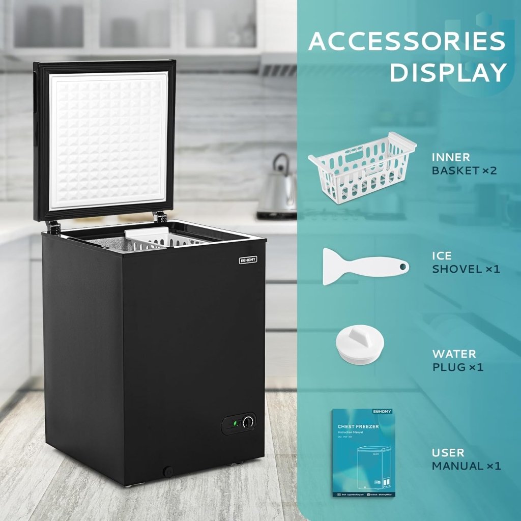 EUHOMY 3.5 Cu.Ft Chest Freezer with Removable Basket, Small Deep Freezer Adjustable 7 Thermostat, Quiet Mini Freezer Free - Standing Top Door, Energy Saving for Apartment/Garage/Basement/Dorm/Home,Black - Wigtrends