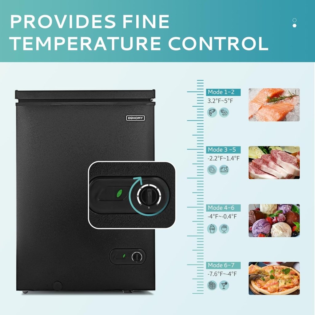 EUHOMY 3.5 Cu.Ft Chest Freezer with Removable Basket, Small Deep Freezer Adjustable 7 Thermostat, Quiet Mini Freezer Free - Standing Top Door, Energy Saving for Apartment/Garage/Basement/Dorm/Home,Black - Wigtrends