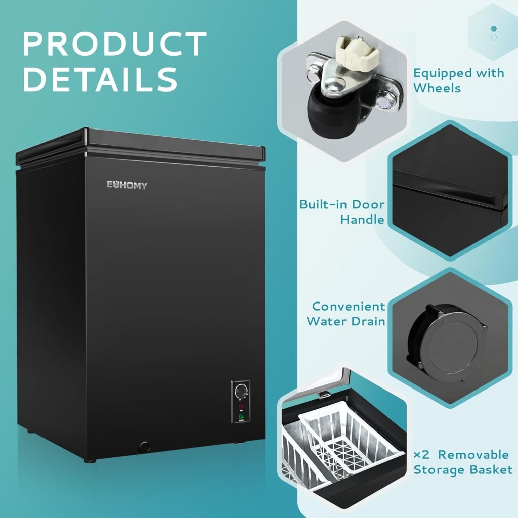 EUHOMY 3.5 Cu.Ft Chest Freezer with Removable Basket, Small Deep Freezer Adjustable 7 Thermostat, Quiet Mini Freezer Free - Standing Top Door, Energy Saving for Apartment/Garage/Basement/Dorm/Home,Black - Wigtrends