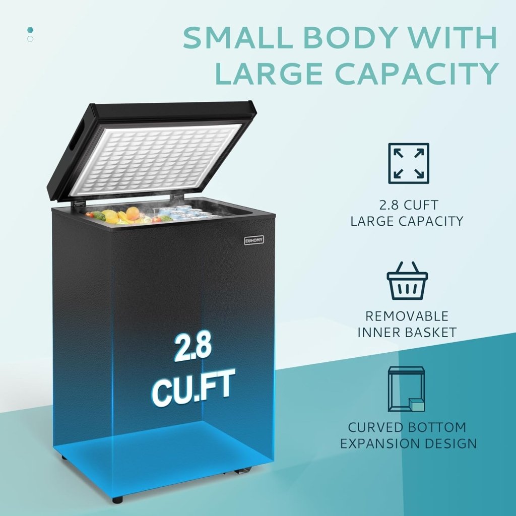 EUHOMY 3.5 Cu.Ft Chest Freezer with Removable Basket, Small Deep Freezer Adjustable 7 Thermostat, Quiet Mini Freezer Free - Standing Top Door, Energy Saving for Apartment/Garage/Basement/Dorm/Home,Black - Wigtrends