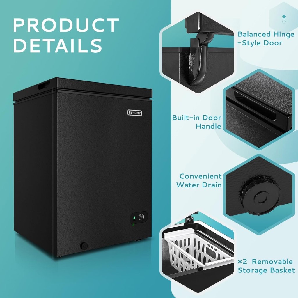EUHOMY 3.5 Cu.Ft Chest Freezer with Removable Basket, Small Deep Freezer Adjustable 7 Thermostat, Quiet Mini Freezer Free - Standing Top Door, Energy Saving for Apartment/Garage/Basement/Dorm/Home,Black - Wigtrends