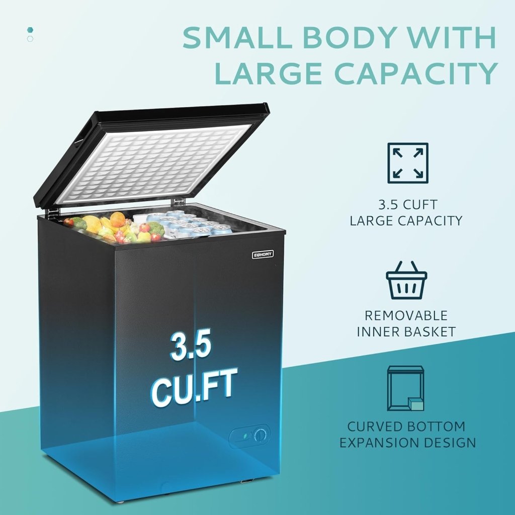 EUHOMY 3.5 Cu.Ft Chest Freezer with Removable Basket, Small Deep Freezer Adjustable 7 Thermostat, Quiet Mini Freezer Free - Standing Top Door, Energy Saving for Apartment/Garage/Basement/Dorm/Home,Black - Wigtrends