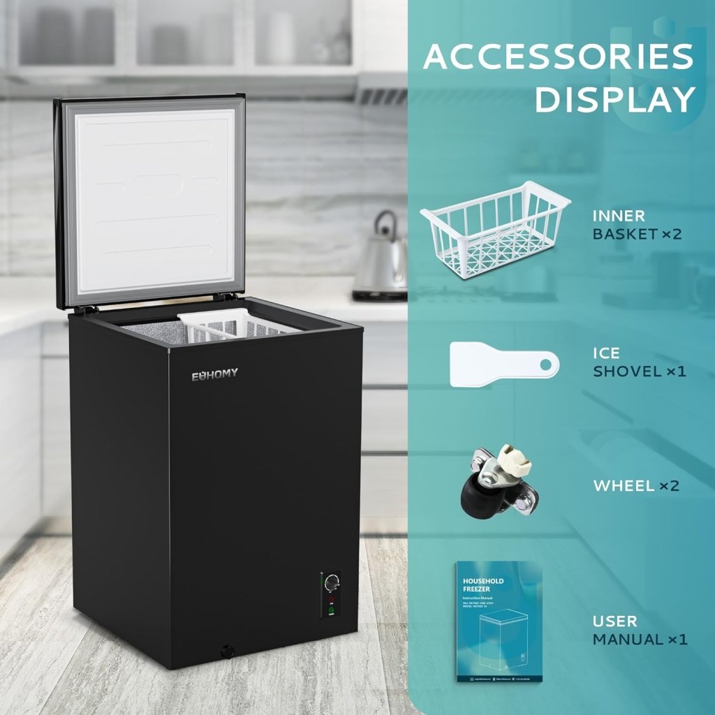 EUHOMY 3.5 Cu.Ft Chest Freezer with Removable Basket, Small Deep Freezer Adjustable 7 Thermostat, Quiet Mini Freezer Free - Standing Top Door, Energy Saving for Apartment/Garage/Basement/Dorm/Home,Black - Wigtrends