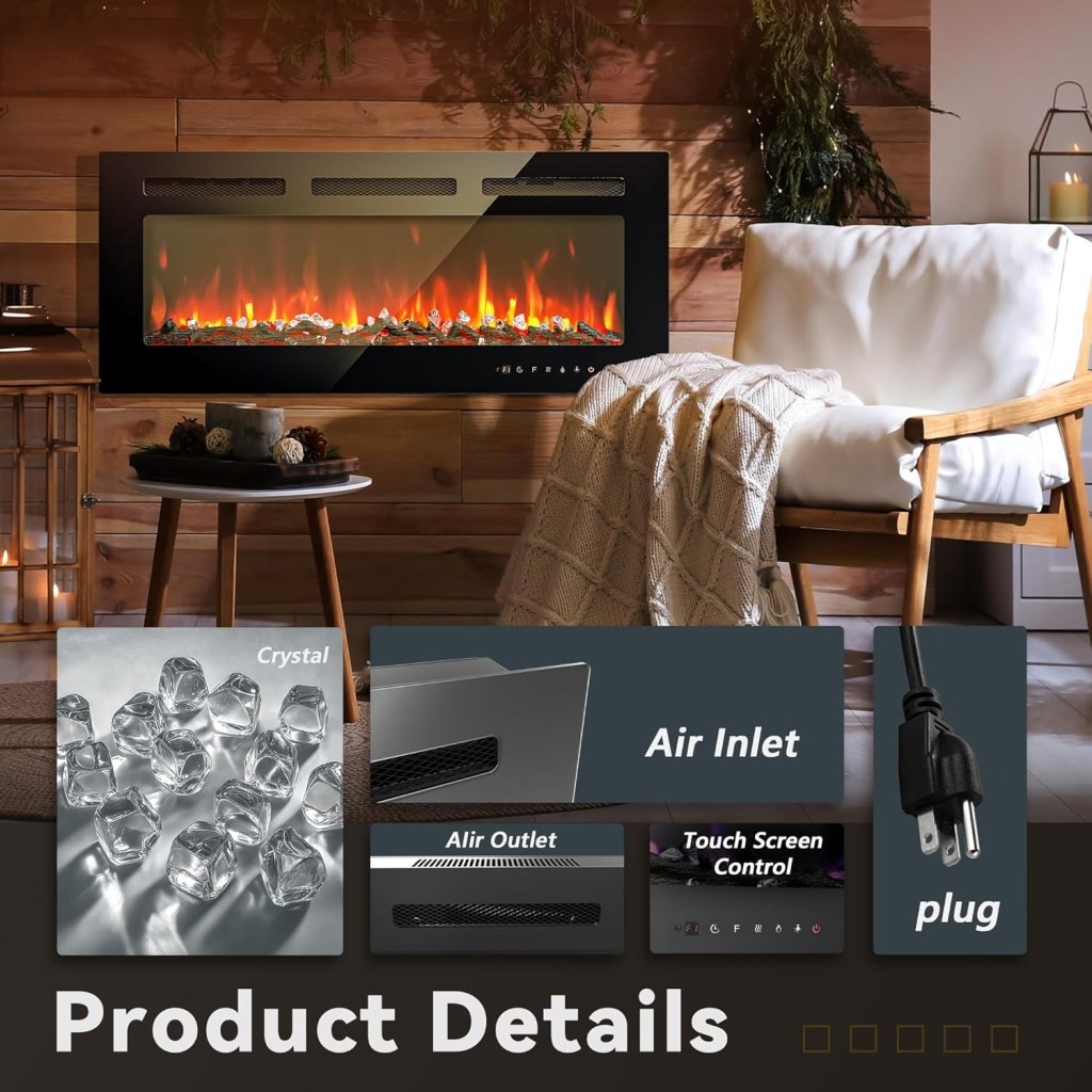 EUHOMY 50 Inch Electric Fireplace Wall Recessed and Wall Mounted with Adjustable Flame Color, Fireplace Heater with Remote Control, Linear Fireplace with Timer, Touch Screen, Log & Crystal, 750/1500W - Wigtrends