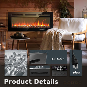 EUHOMY 50 Inch Electric Fireplace Wall Recessed and Wall Mounted with Adjustable Flame Color, Fireplace Heater with Remote Control, Linear Fireplace with Timer, Touch Screen, Log & Crystal, 750/1500W - Wigtrends