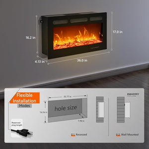 EUHOMY 50 Inch Electric Fireplace Wall Recessed and Wall Mounted with Adjustable Flame Color, Fireplace Heater with Remote Control, Linear Fireplace with Timer, Touch Screen, Log & Crystal, 750/1500W - Wigtrends