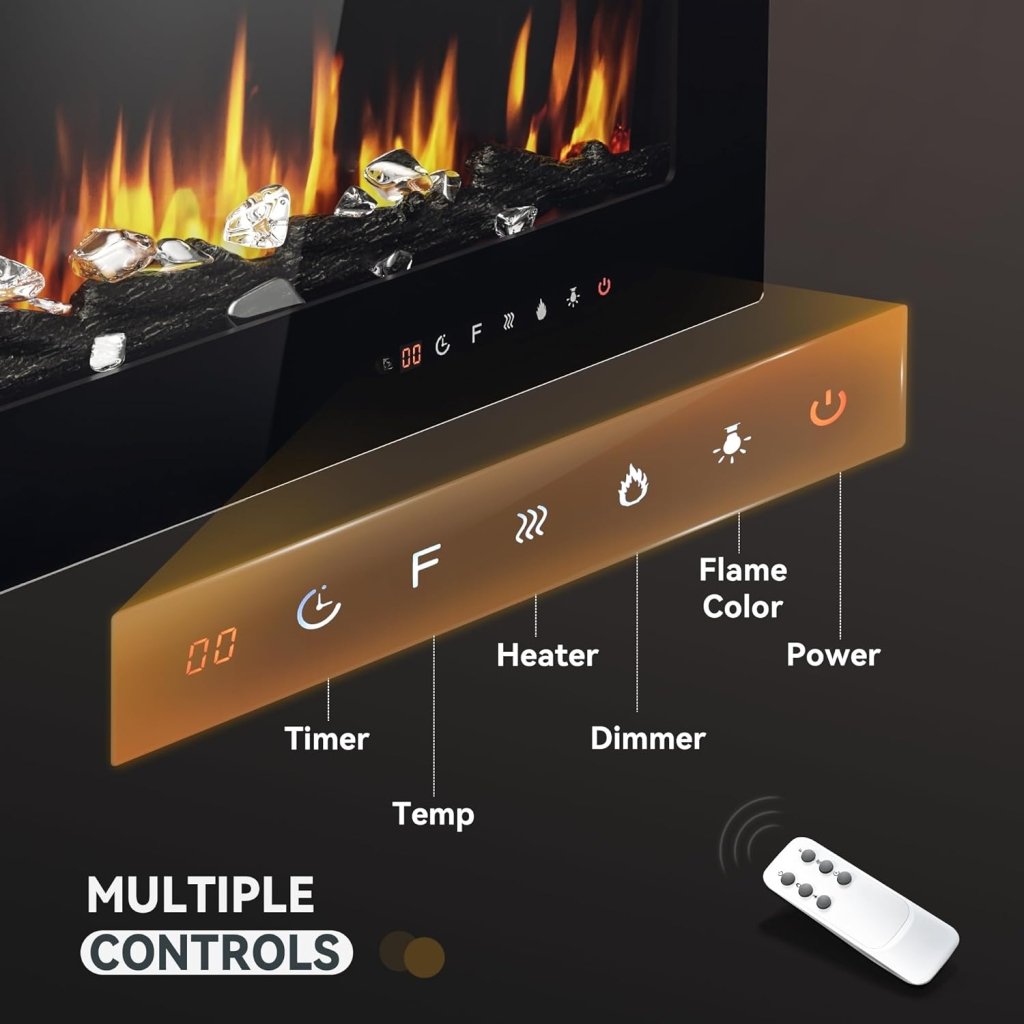 EUHOMY 50 Inch Electric Fireplace Wall Recessed and Wall Mounted with Adjustable Flame Color, Fireplace Heater with Remote Control, Linear Fireplace with Timer, Touch Screen, Log & Crystal, 750/1500W - Wigtrends