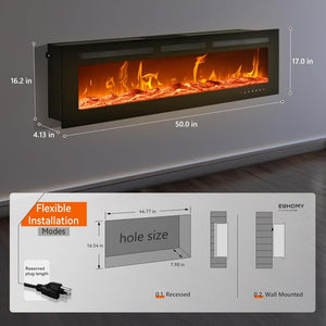 EUHOMY 50 Inch Electric Fireplace Wall Recessed and Wall Mounted with Adjustable Flame Color, Fireplace Heater with Remote Control, Linear Fireplace with Timer, Touch Screen, Log & Crystal, 750/1500W - Wigtrends