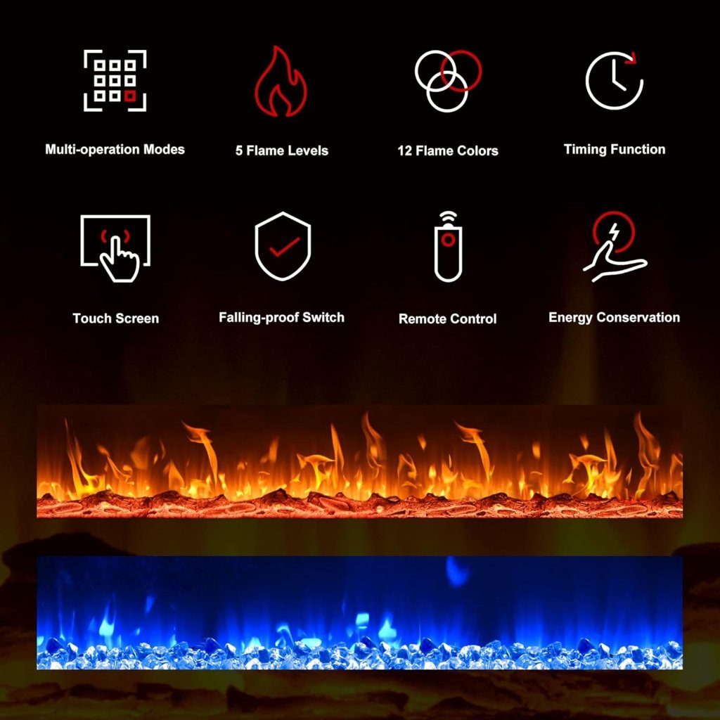 EUHOMY 50 Inch Electric Fireplace Wall Recessed and Wall Mounted with Adjustable Flame Color, Fireplace Heater with Remote Control, Linear Fireplace with Timer, Touch Screen, Log & Crystal, 750/1500W - Wigtrends
