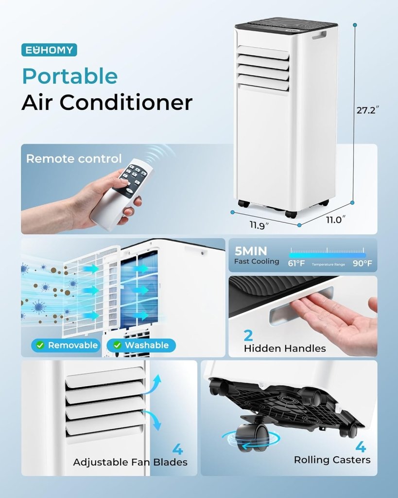 EUHOMY 8,000 BTU Portable Air Conditioners, 4 - in - 1 Portable AC Unit Up to 350 Sq.Ft, 4 Modes Quiet Air Conditioner with Remote Control, Cool, Fan, Dehumidifier, 24H Timer, Bedroom, Office, Apartments - Wigtrends