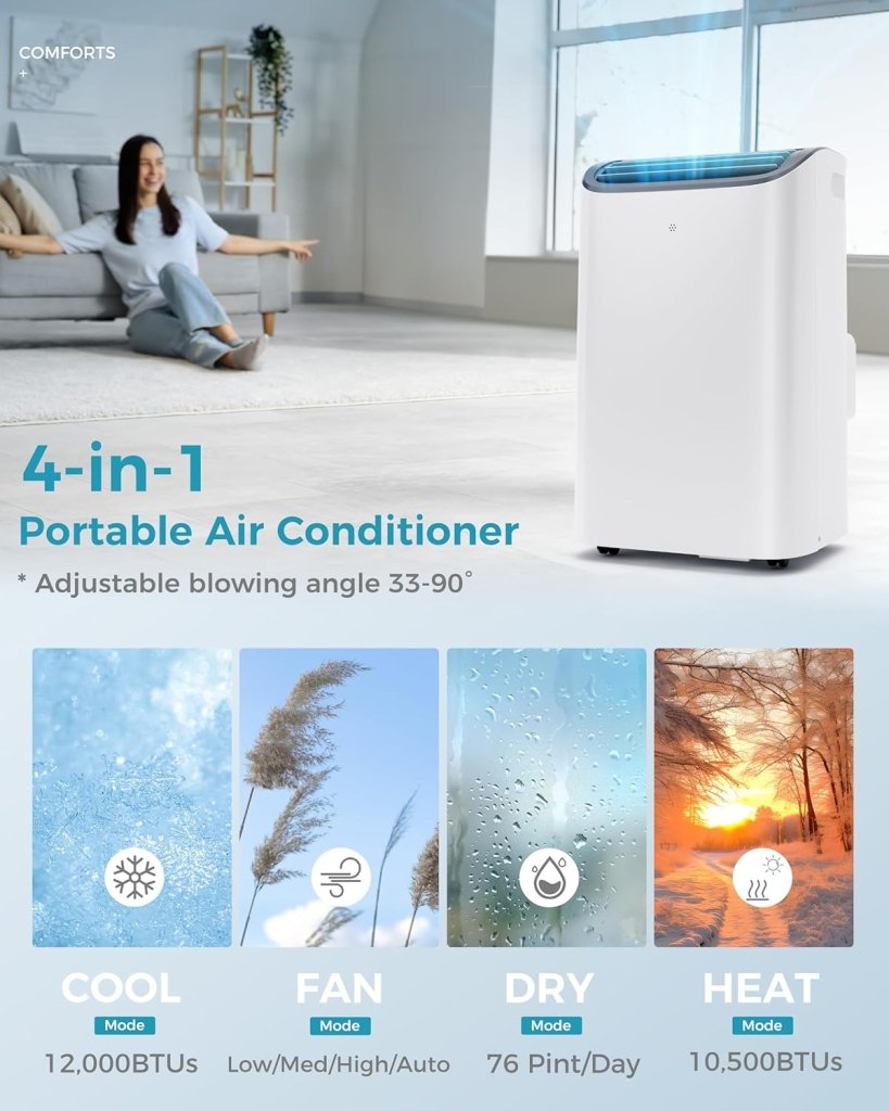 EUHOMY 8,000 BTU Portable Air Conditioners, 4 - in - 1 Portable AC Unit Up to 350 Sq.Ft, 4 Modes Quiet Air Conditioner with Remote Control, Cool, Fan, Dehumidifier, 24H Timer, Bedroom, Office, Apartments - Wigtrends