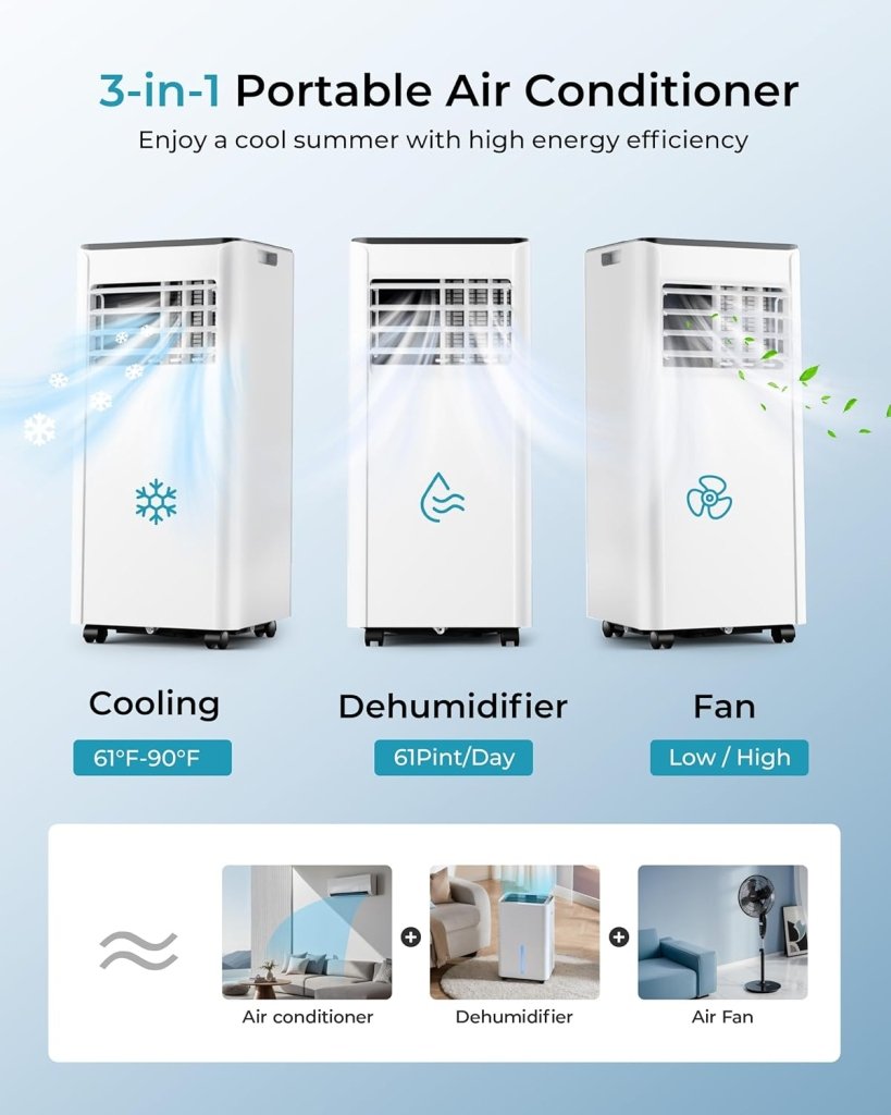 EUHOMY 8,000 BTU Portable Air Conditioners, 4 - in - 1 Portable AC Unit Up to 350 Sq.Ft, 4 Modes Quiet Air Conditioner with Remote Control, Cool, Fan, Dehumidifier, 24H Timer, Bedroom, Office, Apartments - Wigtrends