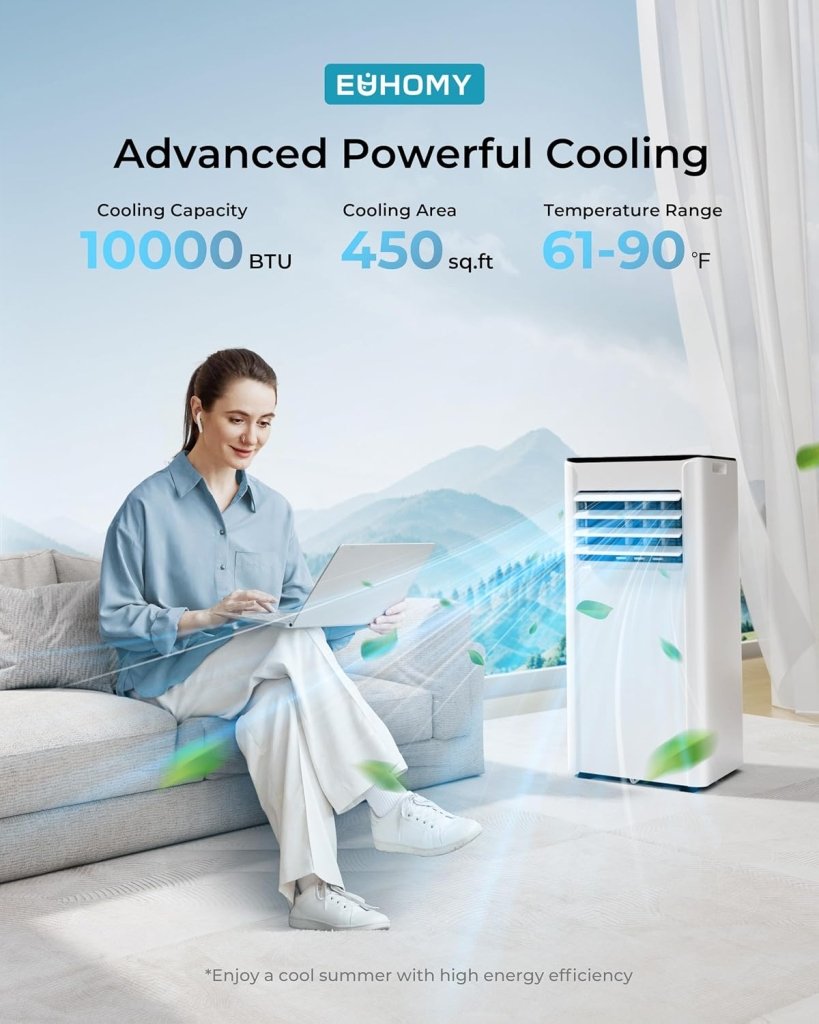 EUHOMY 8,000 BTU Portable Air Conditioners, 4 - in - 1 Portable AC Unit Up to 350 Sq.Ft, 4 Modes Quiet Air Conditioner with Remote Control, Cool, Fan, Dehumidifier, 24H Timer, Bedroom, Office, Apartments - Wigtrends