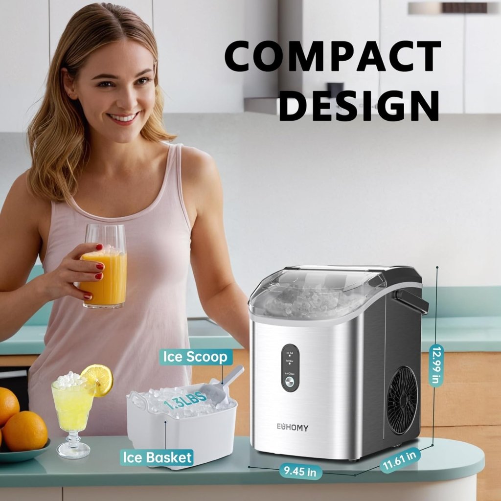 EUHOMY Nugget Ice Maker Countertop with Handle, Ready in 6 Mins, 34lbs Per Day, Removable Top Cover, Auto - Cleaning, Portable Sonic Ice Maker with Basket and Scoop, for Home/Party/RV/Camping (Black) - Wigtrends