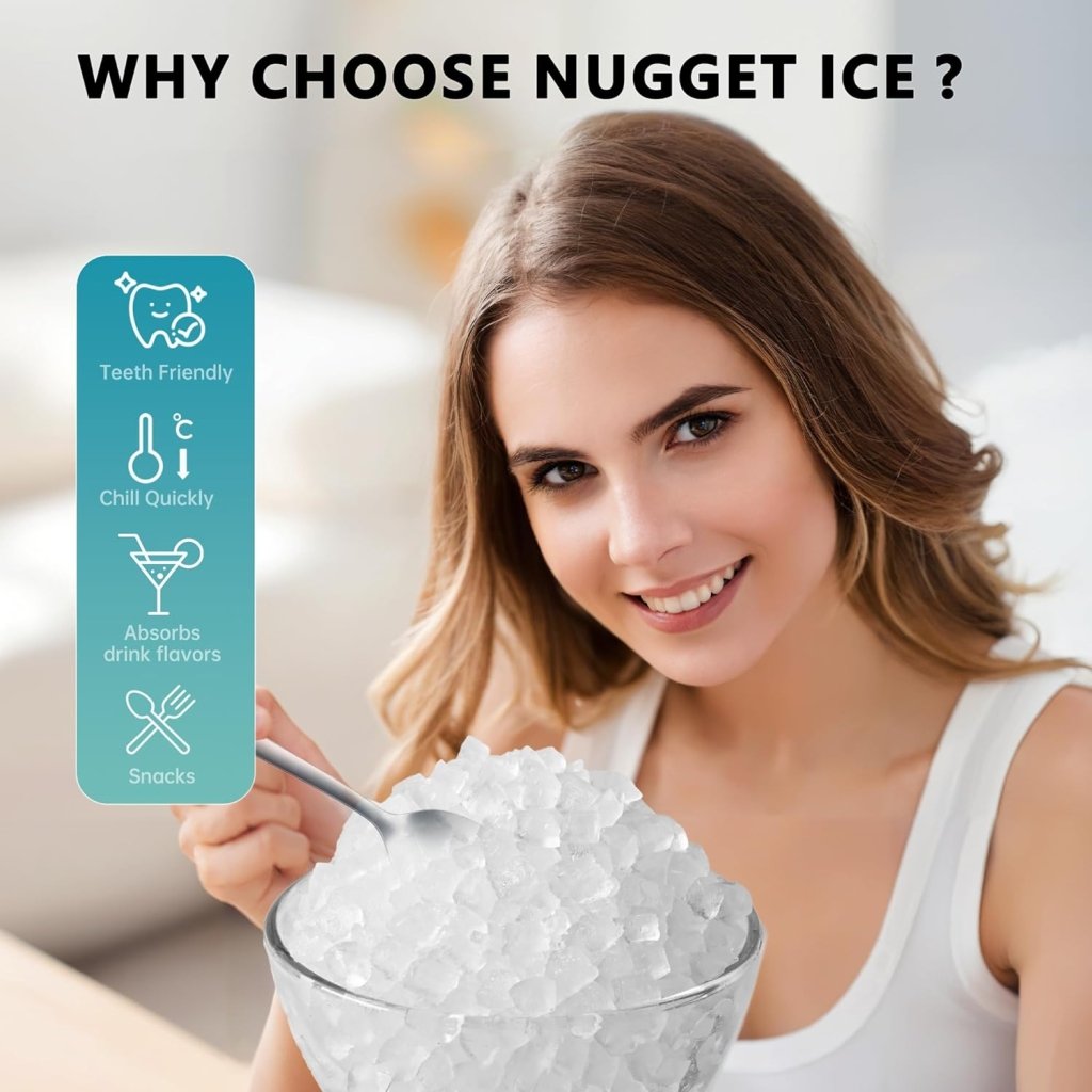 EUHOMY Nugget Ice Maker Countertop with Handle, Ready in 6 Mins, 34lbs Per Day, Removable Top Cover, Auto - Cleaning, Portable Sonic Ice Maker with Basket and Scoop, for Home/Party/RV/Camping (Black) - Wigtrends