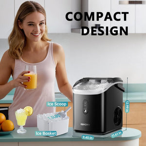 EUHOMY Nugget Ice Maker Countertop with Handle, Ready in 6 Mins, 34lbs Per Day, Removable Top Cover, Auto - Cleaning, Portable Sonic Ice Maker with Basket and Scoop, for Home/Party/RV/Camping (Black) - Wigtrends
