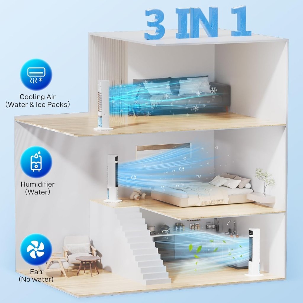 Evaporative Air Cooler, 3 - in - 1 Portable Air Conditioners for Room, 4 Modes 3 Speeds, Fast Cooling Portable AC Unit w/24H Timer, Remote Oscillating Tower Fan, Quiet Swamp Cooler for Bedroom Office - Wigtrends