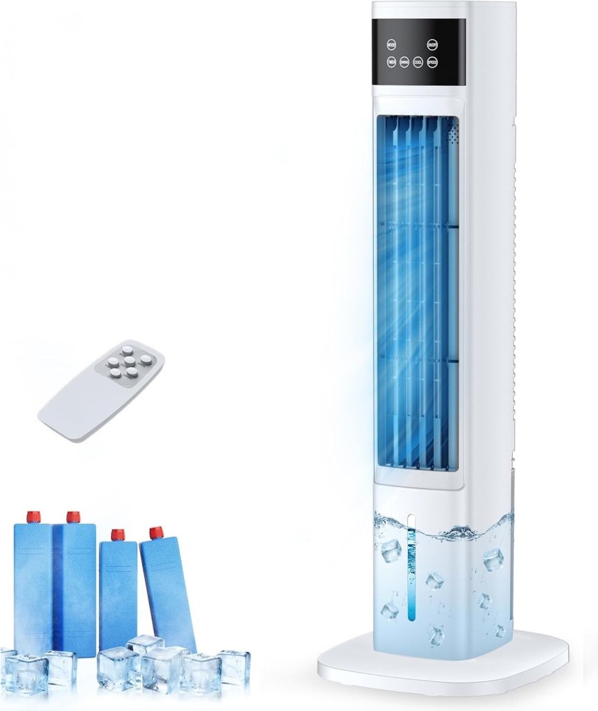 Evaporative Air Cooler, 3 - in - 1 Portable Air Conditioners for Room, 4 Modes 3 Speeds, Fast Cooling Portable AC Unit w/24H Timer, Remote Oscillating Tower Fan, Quiet Swamp Cooler for Bedroom Office - Wigtrends