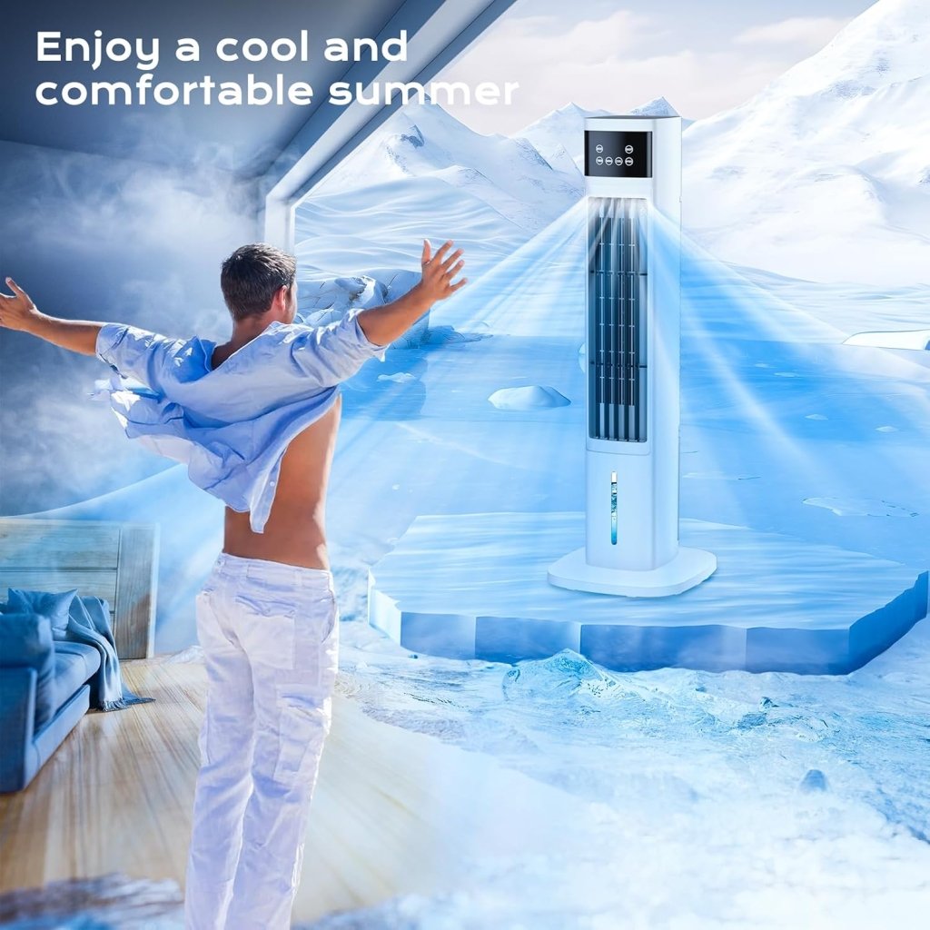 Evaporative Air Cooler, 3 - in - 1 Portable Air Conditioners for Room, 4 Modes 3 Speeds, Fast Cooling Portable AC Unit w/24H Timer, Remote Oscillating Tower Fan, Quiet Swamp Cooler for Bedroom Office - Wigtrends