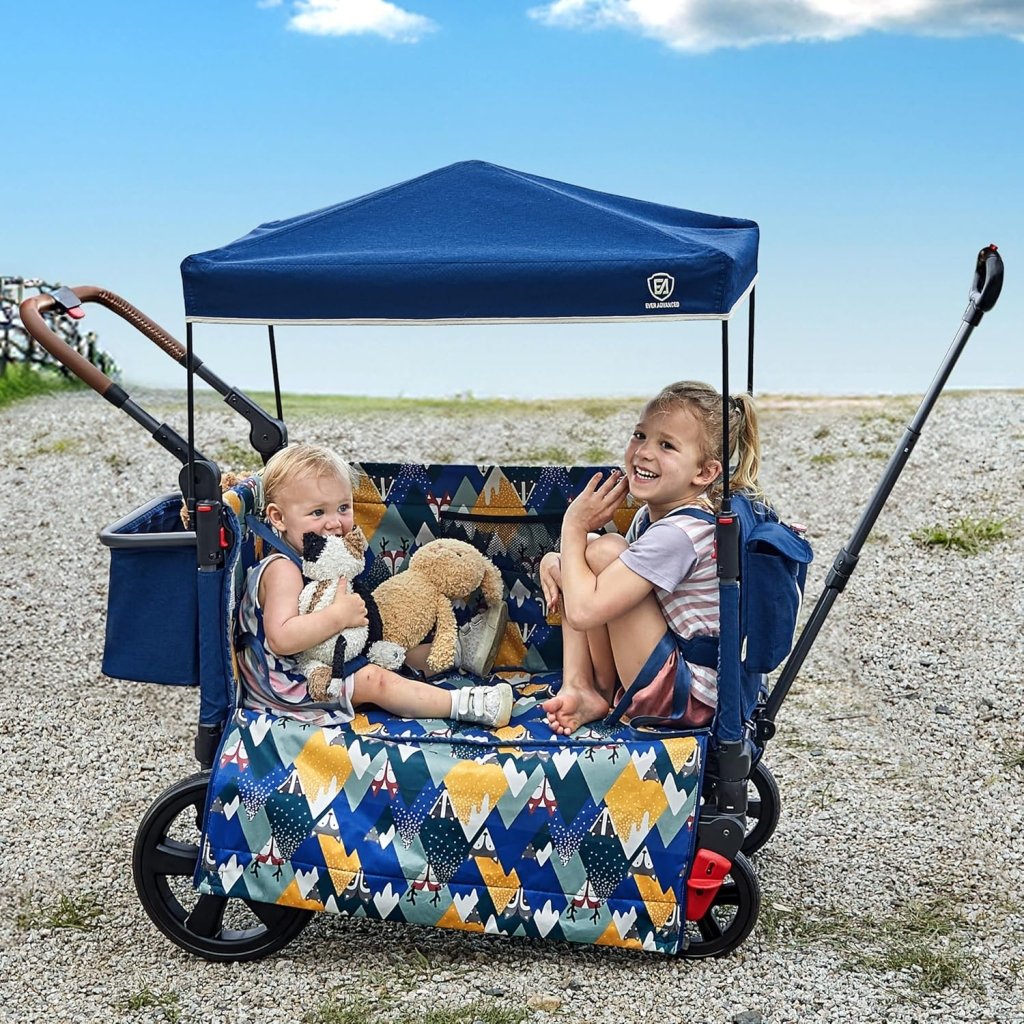 EVER ADVANCED Side - unzip Wagon Stroller for 2 Kids, Push Pull Stroller with Adjustable Handle, Easy Access Front Zipper Door, 5 - Point Harness Removable UV - Protection Canopy Shock - Absorbing Wheels,Grey - Wigtrends
