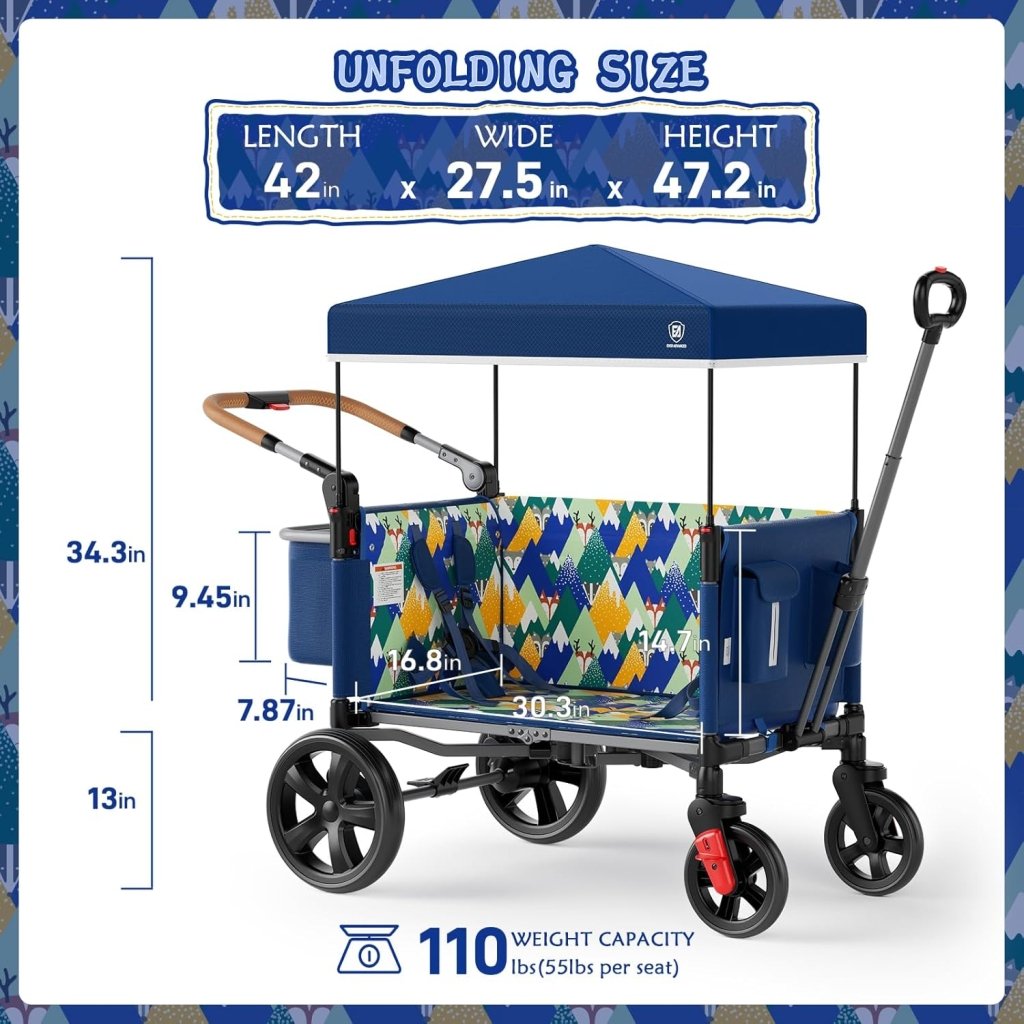 EVER ADVANCED Side - unzip Wagon Stroller for 2 Kids, Push Pull Stroller with Adjustable Handle, Easy Access Front Zipper Door, 5 - Point Harness Removable UV - Protection Canopy Shock - Absorbing Wheels,Grey - Wigtrends
