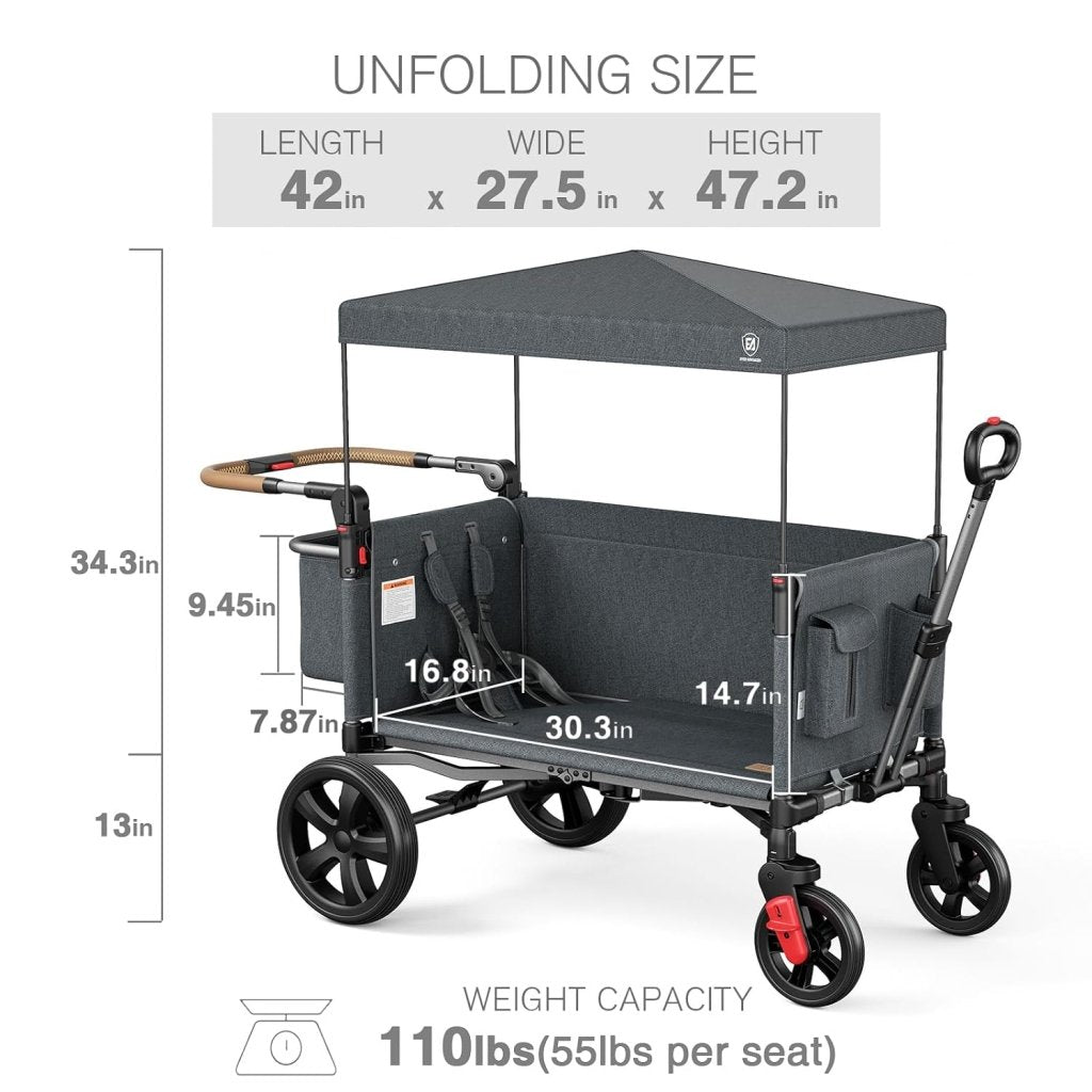 EVER ADVANCED Side - unzip Wagon Stroller for 2 Kids, Push Pull Stroller with Adjustable Handle, Easy Access Front Zipper Door, 5 - Point Harness Removable UV - Protection Canopy Shock - Absorbing Wheels,Grey - Wigtrends