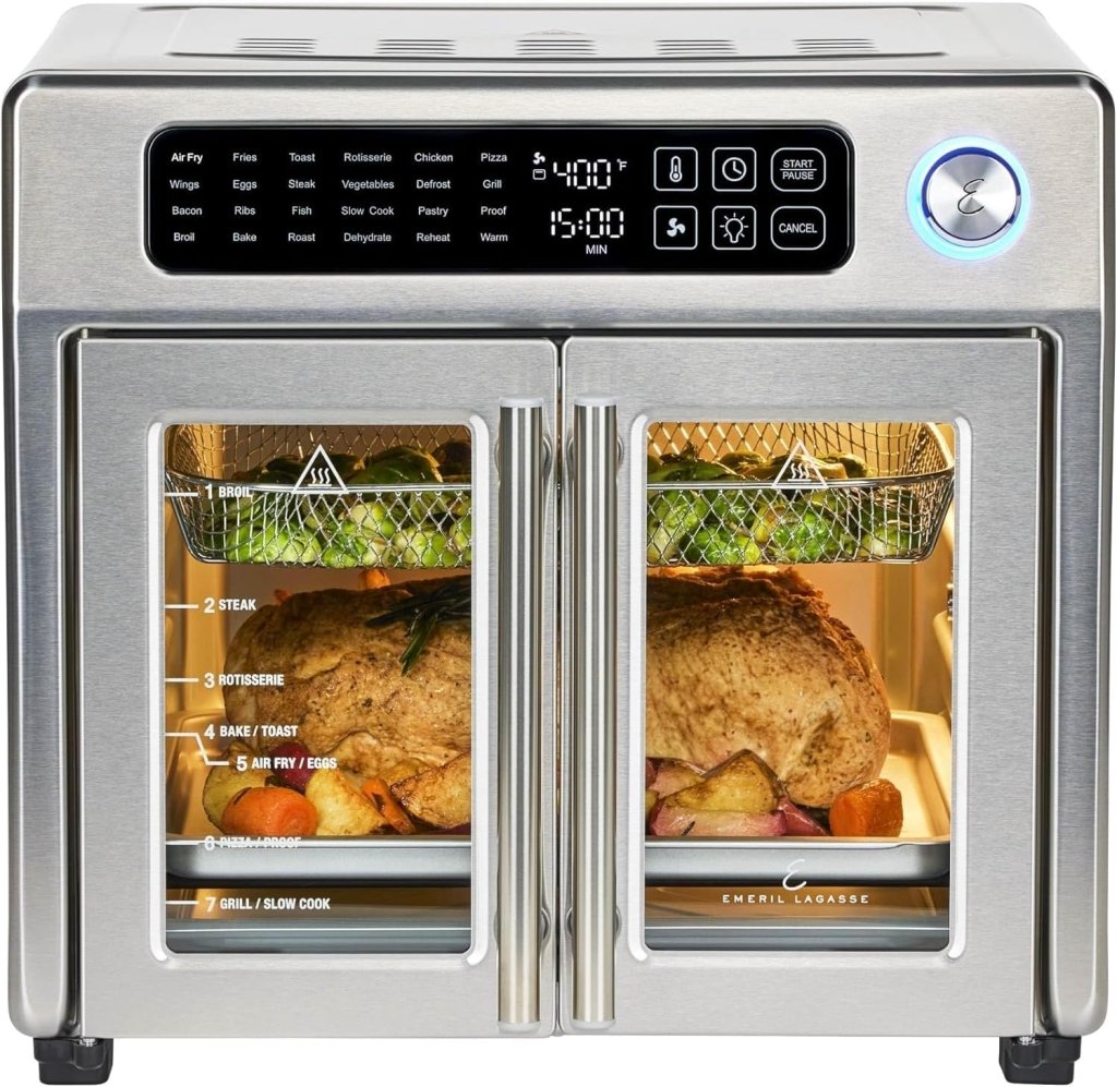 Extra Large French Door Air Fryer Toaster Oven Combo, 24 Cooking Functions and Digital Controls, 7 Accessories Included, Stainless Steel Finish, 26QT Capacity - Wigtrends