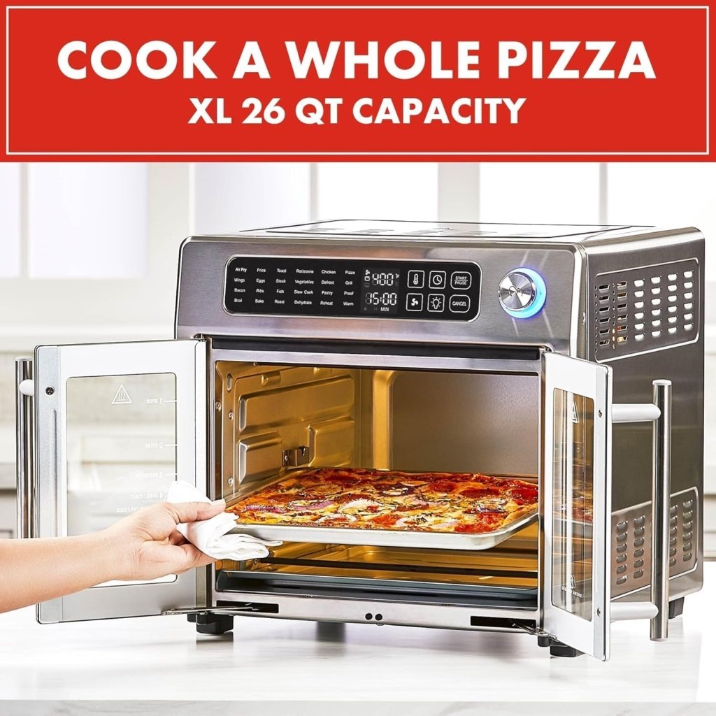 Extra Large French Door Air Fryer Toaster Oven Combo, 24 Cooking Functions and Digital Controls, 7 Accessories Included, Stainless Steel Finish, 26QT Capacity - Wigtrends