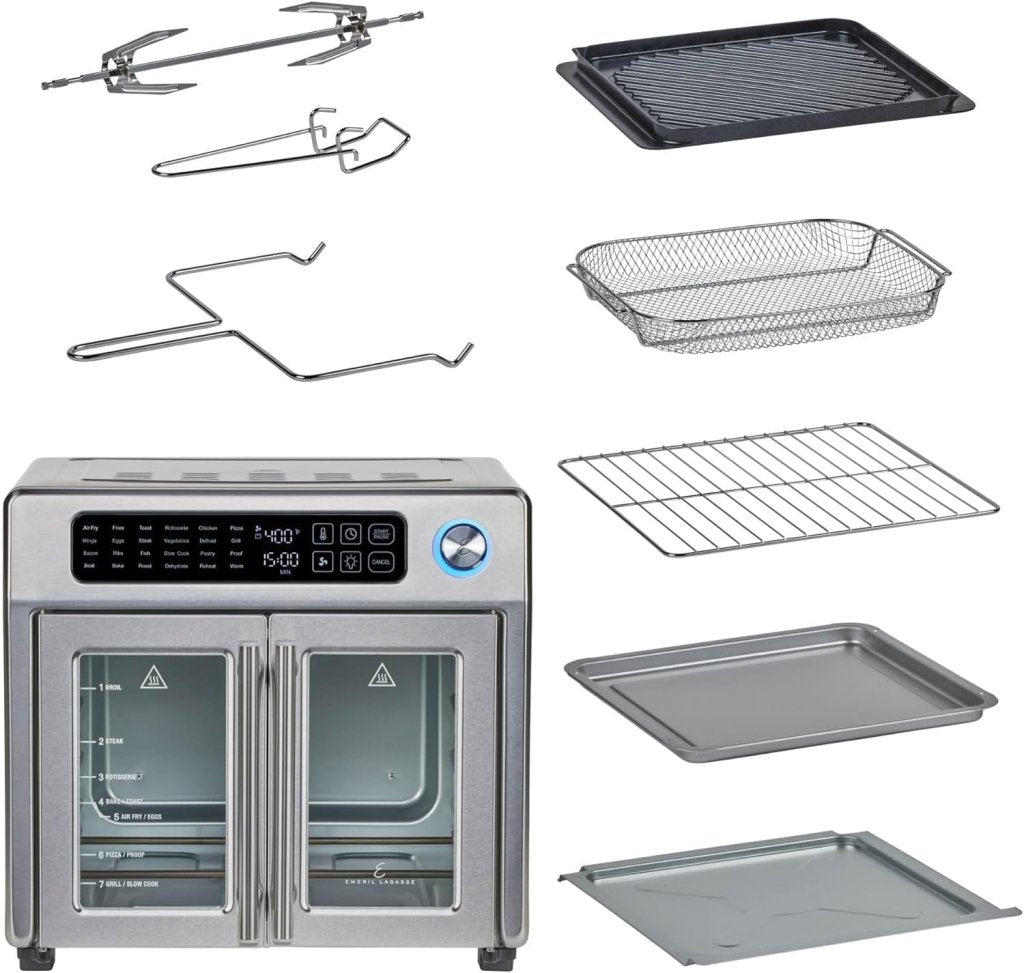 Extra Large French Door Air Fryer Toaster Oven Combo, 24 Cooking Functions and Digital Controls, 7 Accessories Included, Stainless Steel Finish, 26QT Capacity - Wigtrends