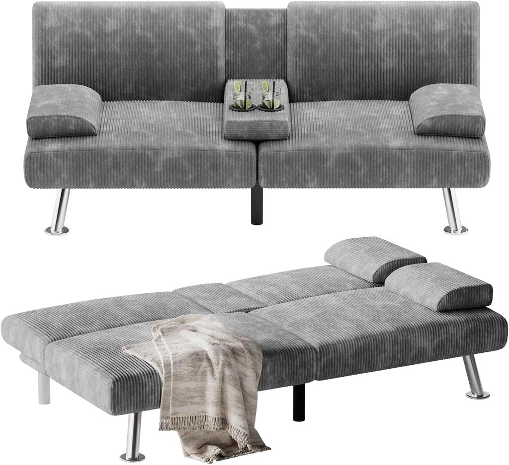 Flamaker Futon Sofa Bed Modern Folding Futon Set Convertible Recliner Lounge for Living Room with 2 Cup Holders, Removable Armrests (PU Leather, Black) - Wigtrends