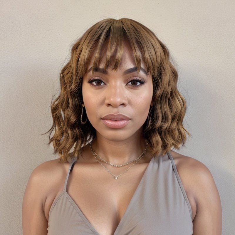 Ginger Color Glueless Wig With Bangs Short Bob Loose Wave 100% Human Hair Wigs - Wigtrends