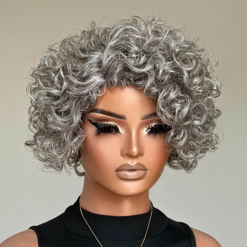 Glueless Ash Grey Rose Curly Bob Human Hair Wig - Wigtrends