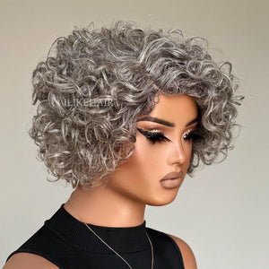 Glueless Ash Grey Rose Curly Bob Human Hair Wig - Wigtrends