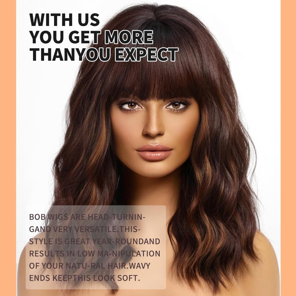 Glueless short wavy bob wig with bangs highlight lace front wig 100% human hair wigs - Wigtrends