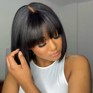 Glueless Straight Bob Wig With Fringe Bangs 180% Density Minimalist Undetectable HD Lace Realistic Scalp - Wigtrends