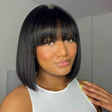 Glueless Straight Bob Wig With Fringe Bangs 180% Density Minimalist Undetectable HD Lace Realistic Scalp - Wigtrends