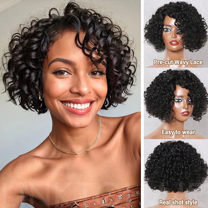 Glueless Wave Bob Black Wig Human Hair Lace Front Wigs - Wigtrends