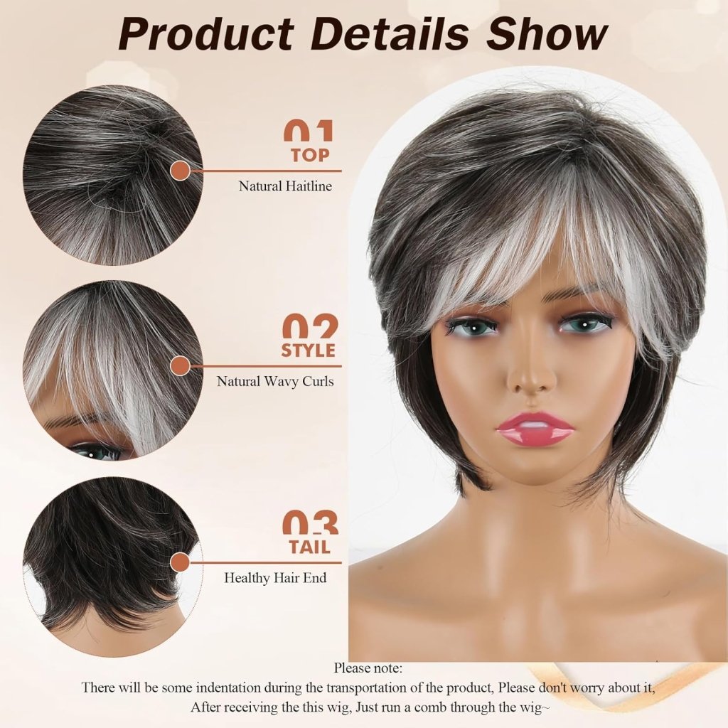 Gray Wavy Pixie Cut Layered Wig Salt and Pepper Haired Wig Synthetic Hair - Wigtrends