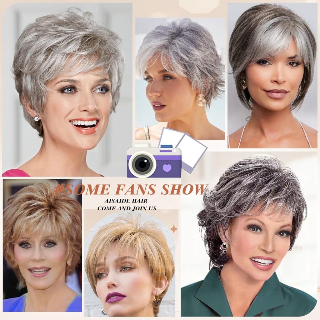 Gray Wavy Pixie Cut Layered Wig Salt and Pepper Haired Wig Synthetic Hair - Wigtrends