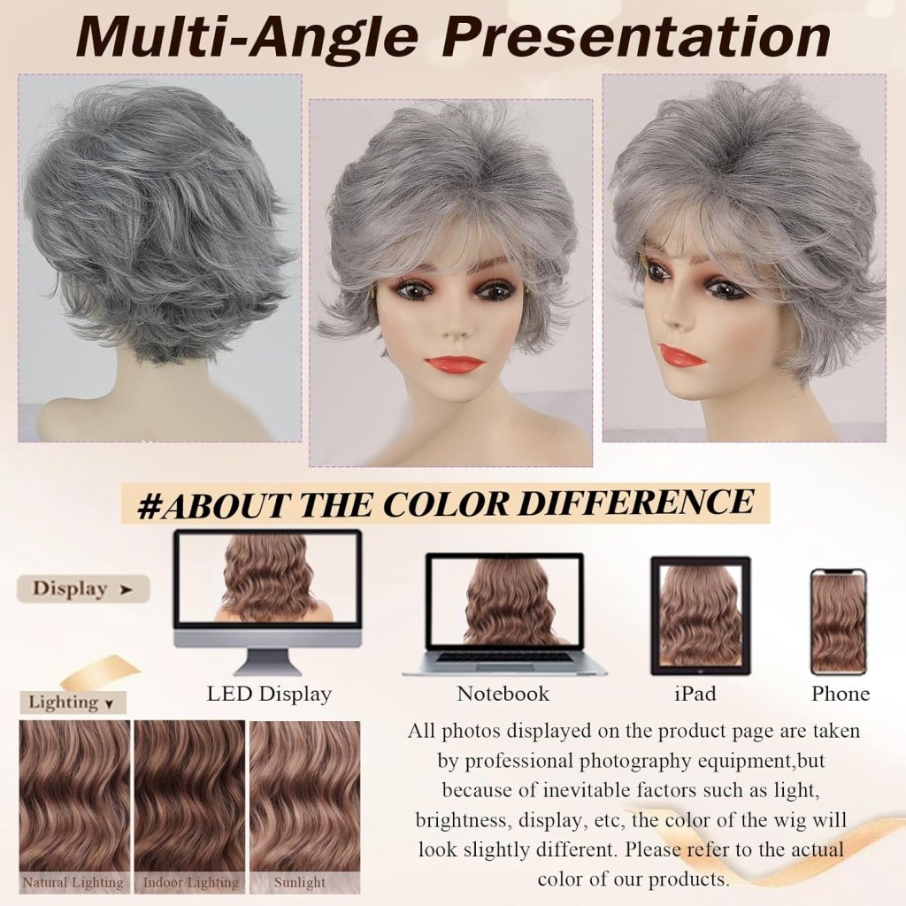 Gray Wavy Pixie Cut Layered Wig Salt and Pepper Haired Wig Synthetic Hair - Wigtrends