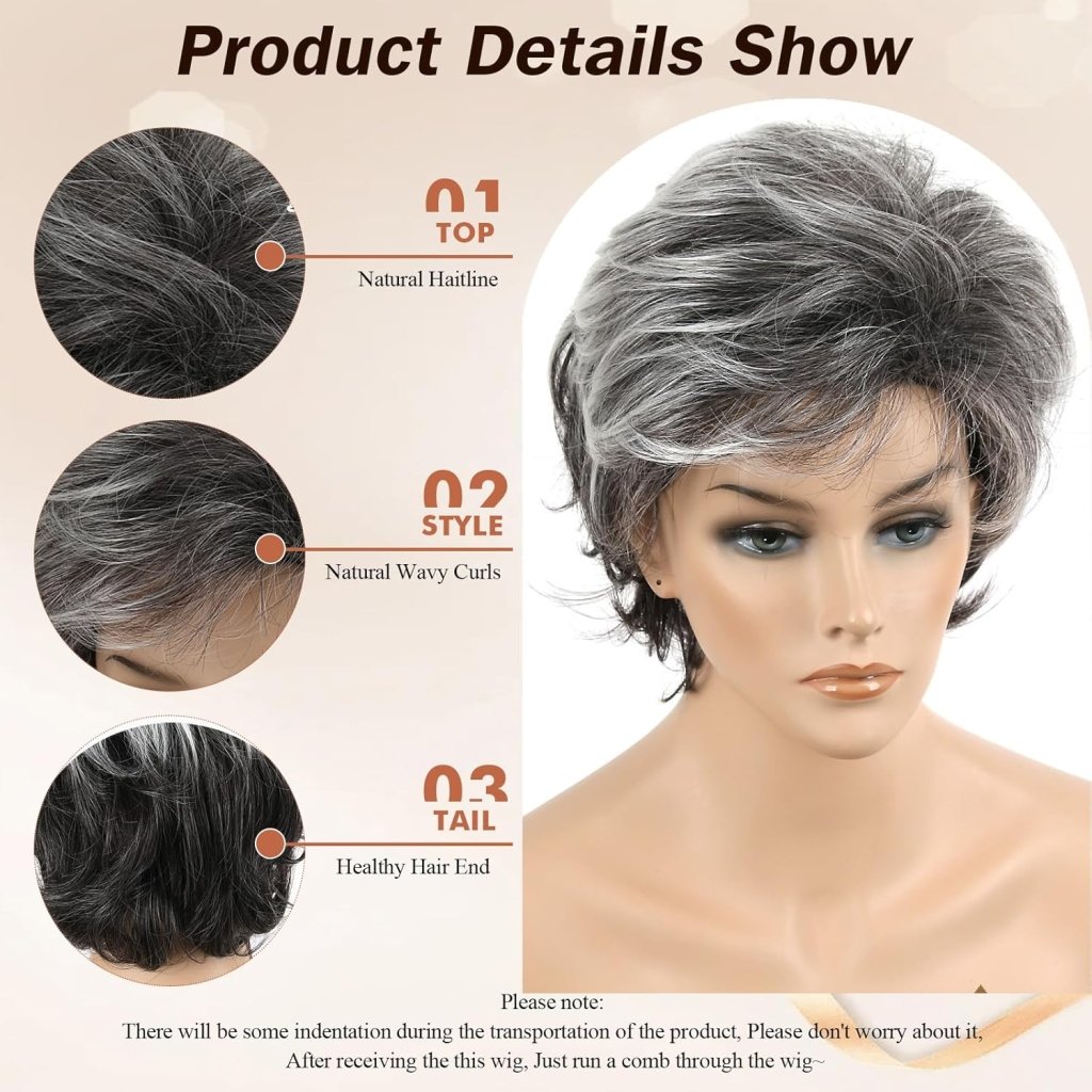 Gray Wavy Pixie Cut Layered Wig Salt and Pepper Haired Wig Synthetic Hair - Wigtrends