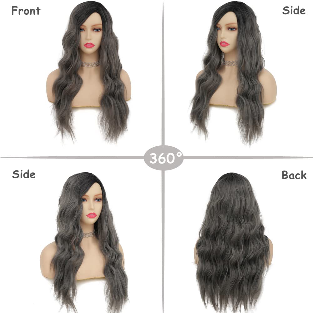 Grey Black Curly Wavy Long Wigs for Women Synthetic Hair Wigs - Wigtrends