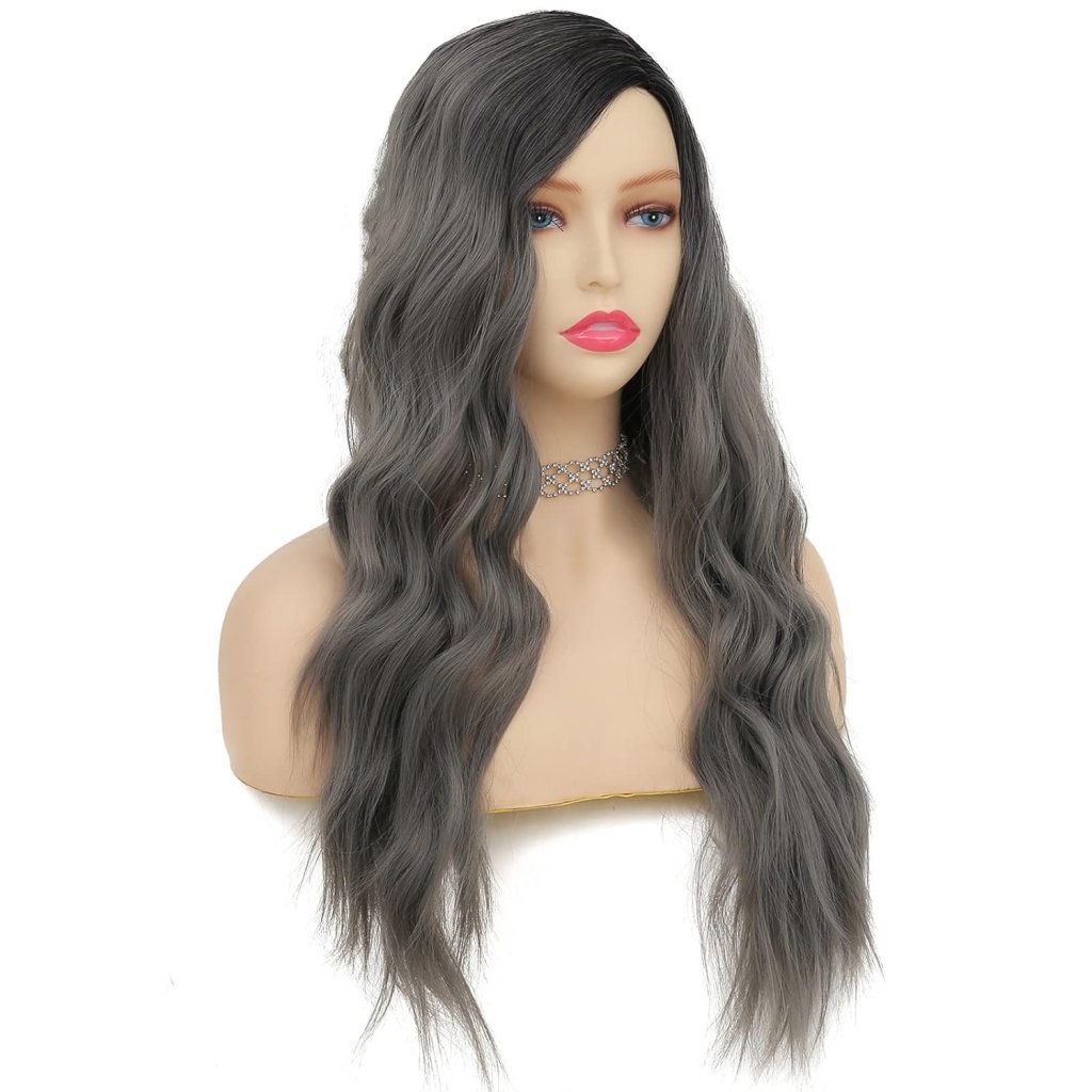 Grey Black Curly Wavy Long Wigs for Women Synthetic Hair Wigs - Wigtrends