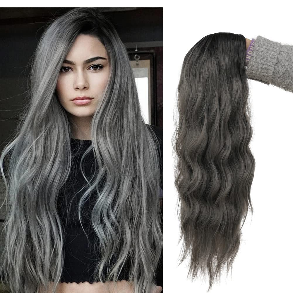 Grey Black Curly Wavy Long Wigs for Women Synthetic Hair Wigs - Wigtrends