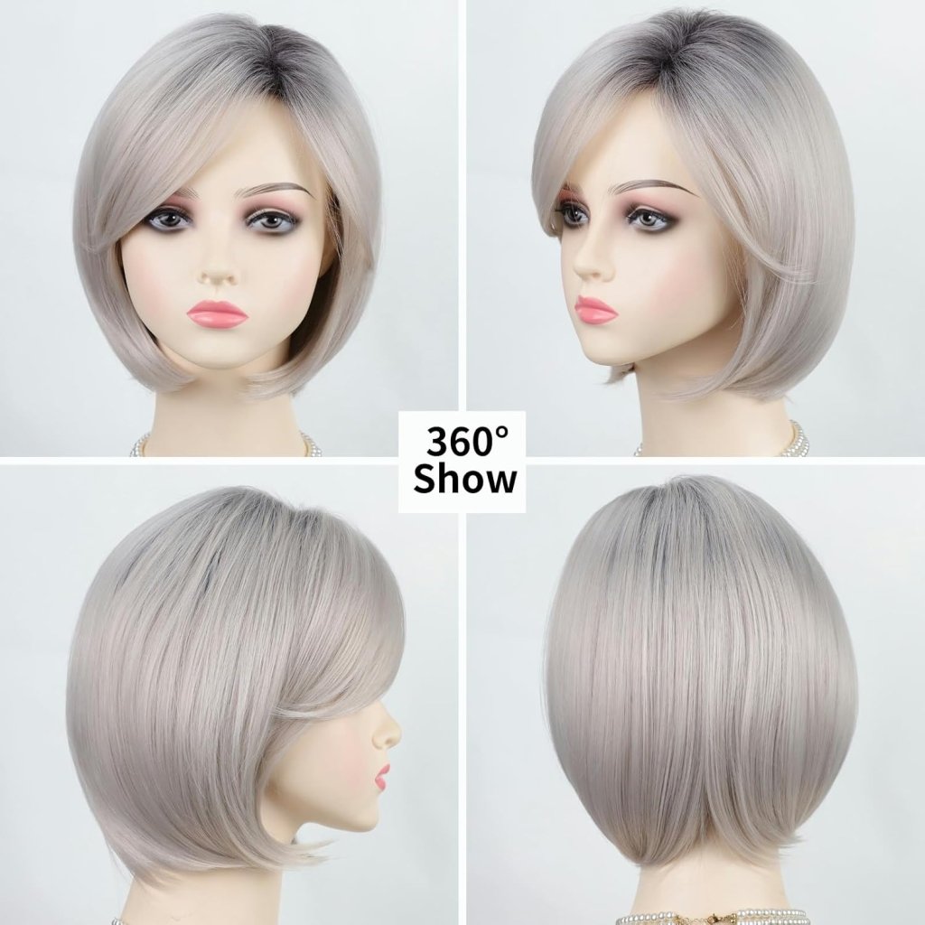 Grey Bob Short Wigs with Bangs Straight Bob Haircuts Heat Synthetic Wigs - Wigtrends