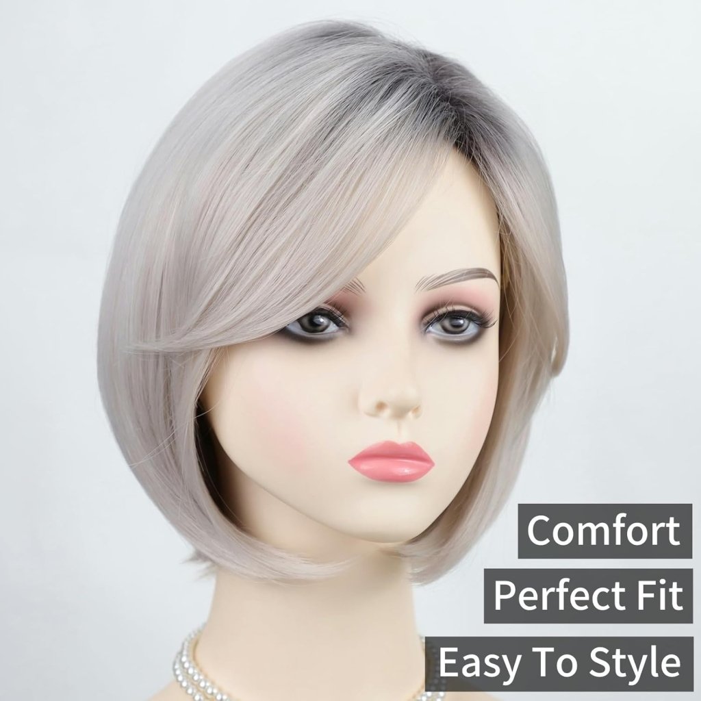 Grey Bob Short Wigs with Bangs Straight Bob Haircuts Heat Synthetic Wigs - Wigtrends